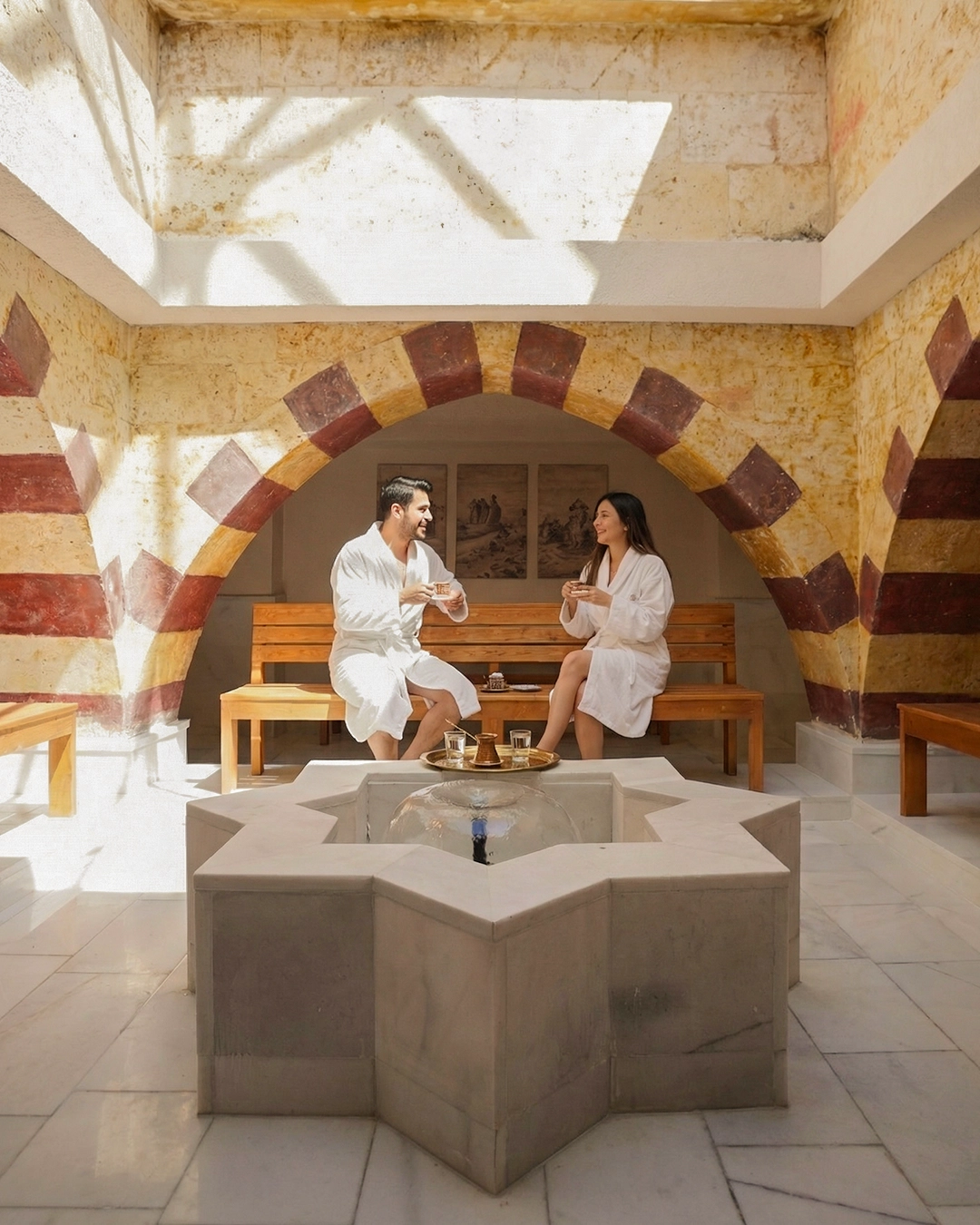 Cooling room with marble fountain and striped stone arches