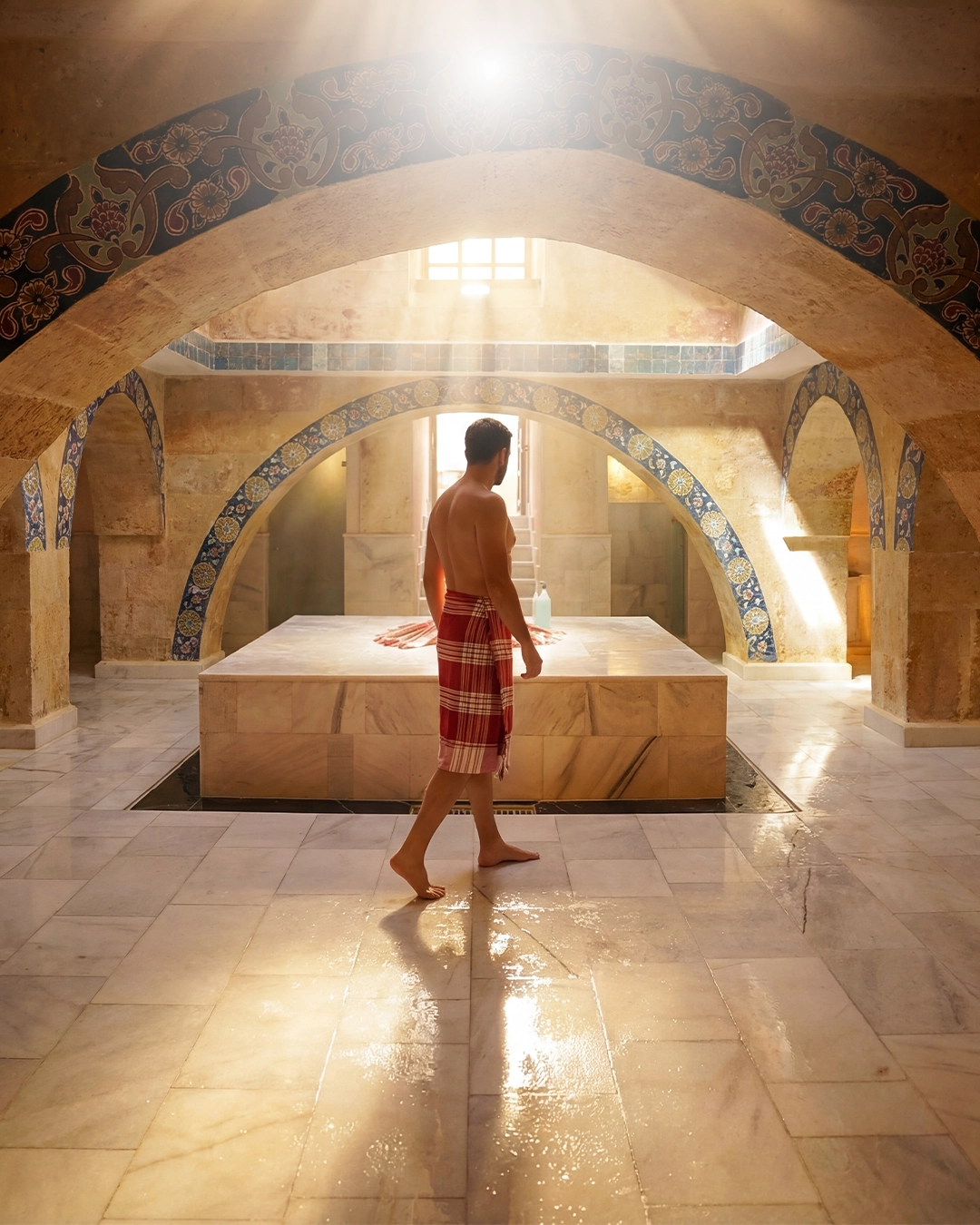 A guest walking through the sunlit hot room