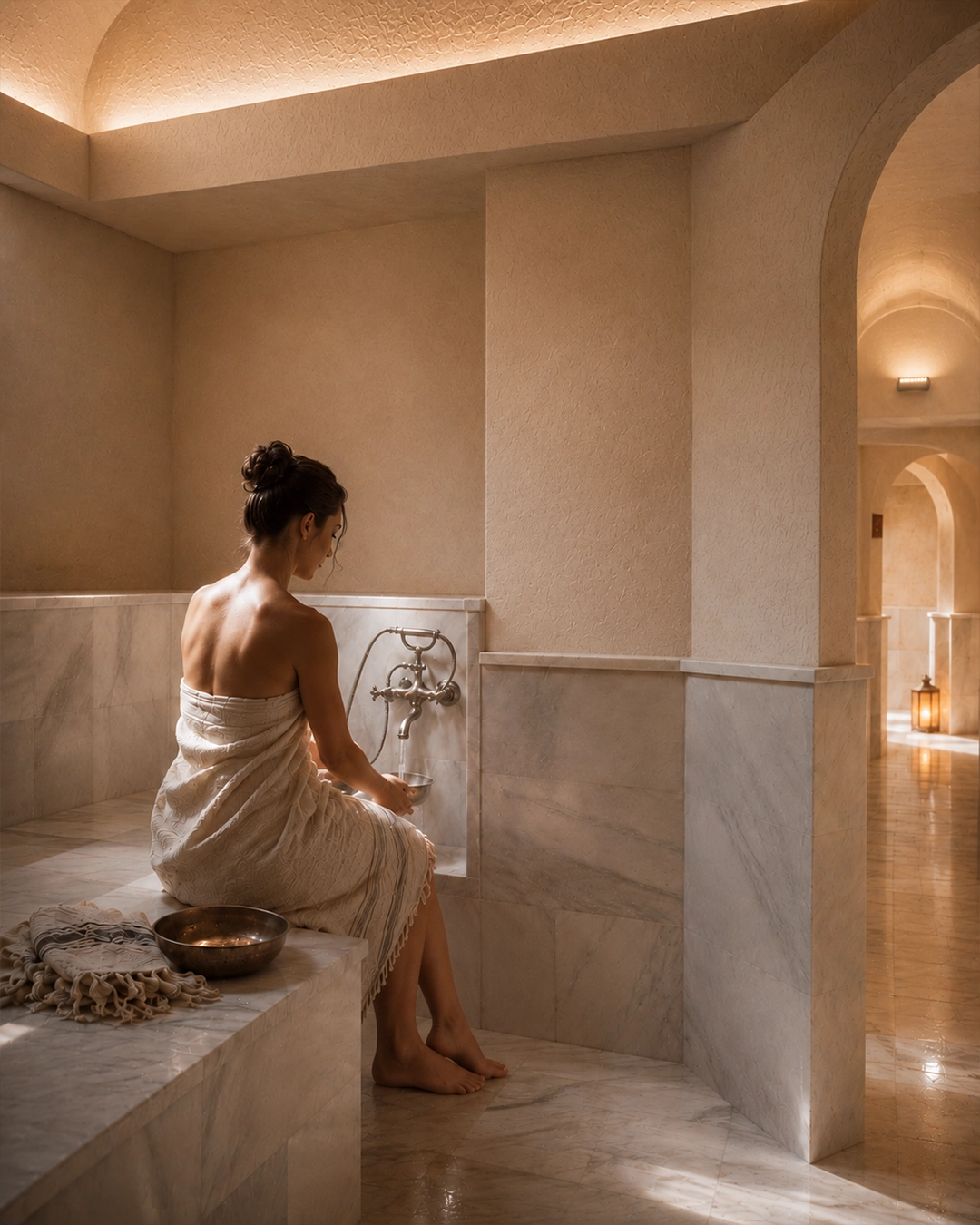 A quiet bathing moment beside a marble basin