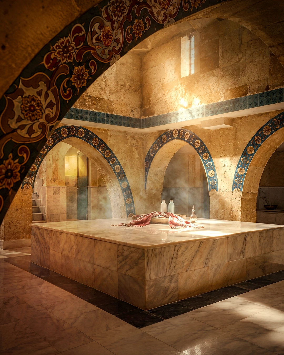 Central heated marble platform beneath the domed hot room at Alaaddin Hamam